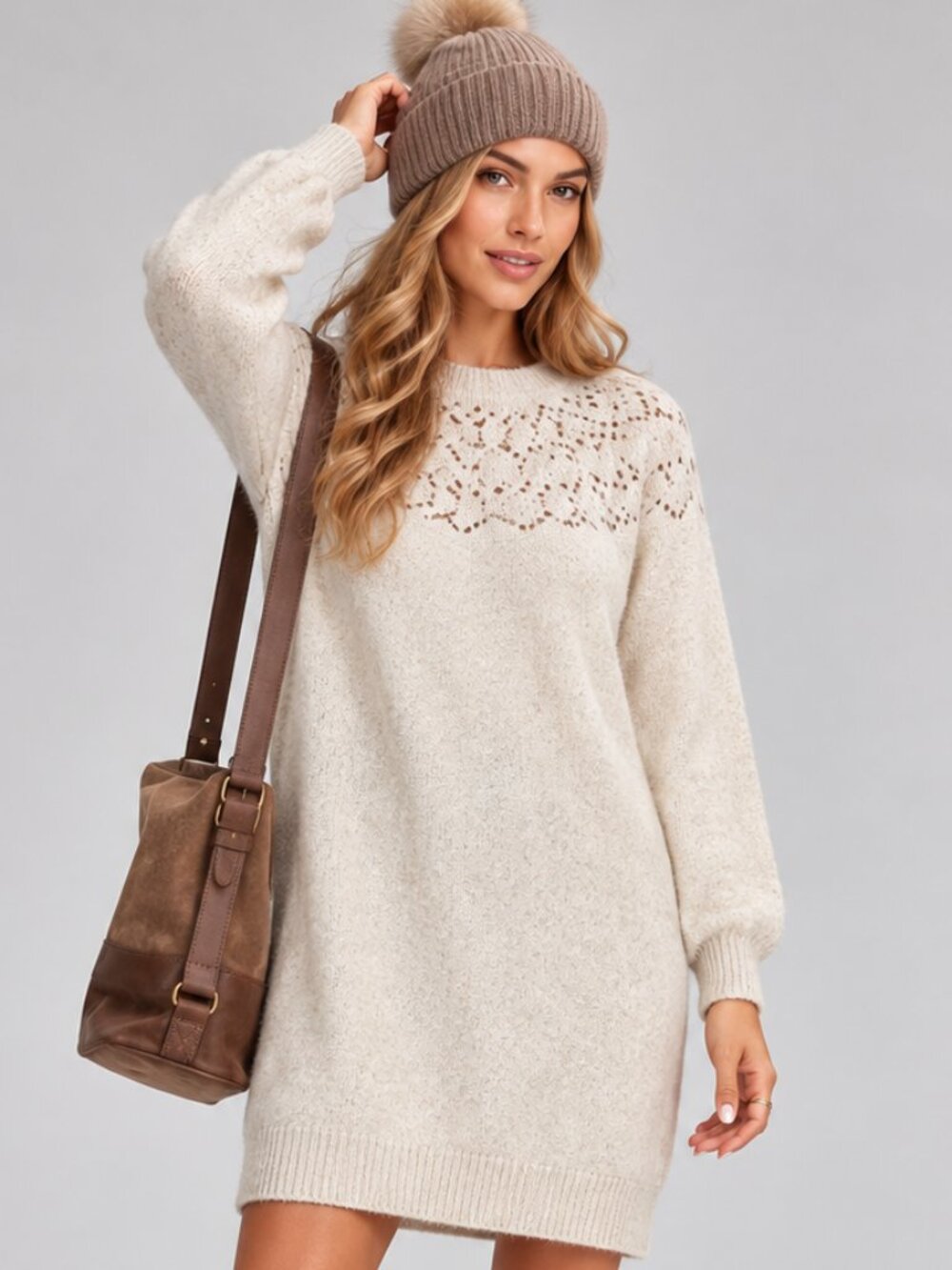 LOFT Heather Camel Pointelle Yoke Sweater Dress Wool Blend S NWT